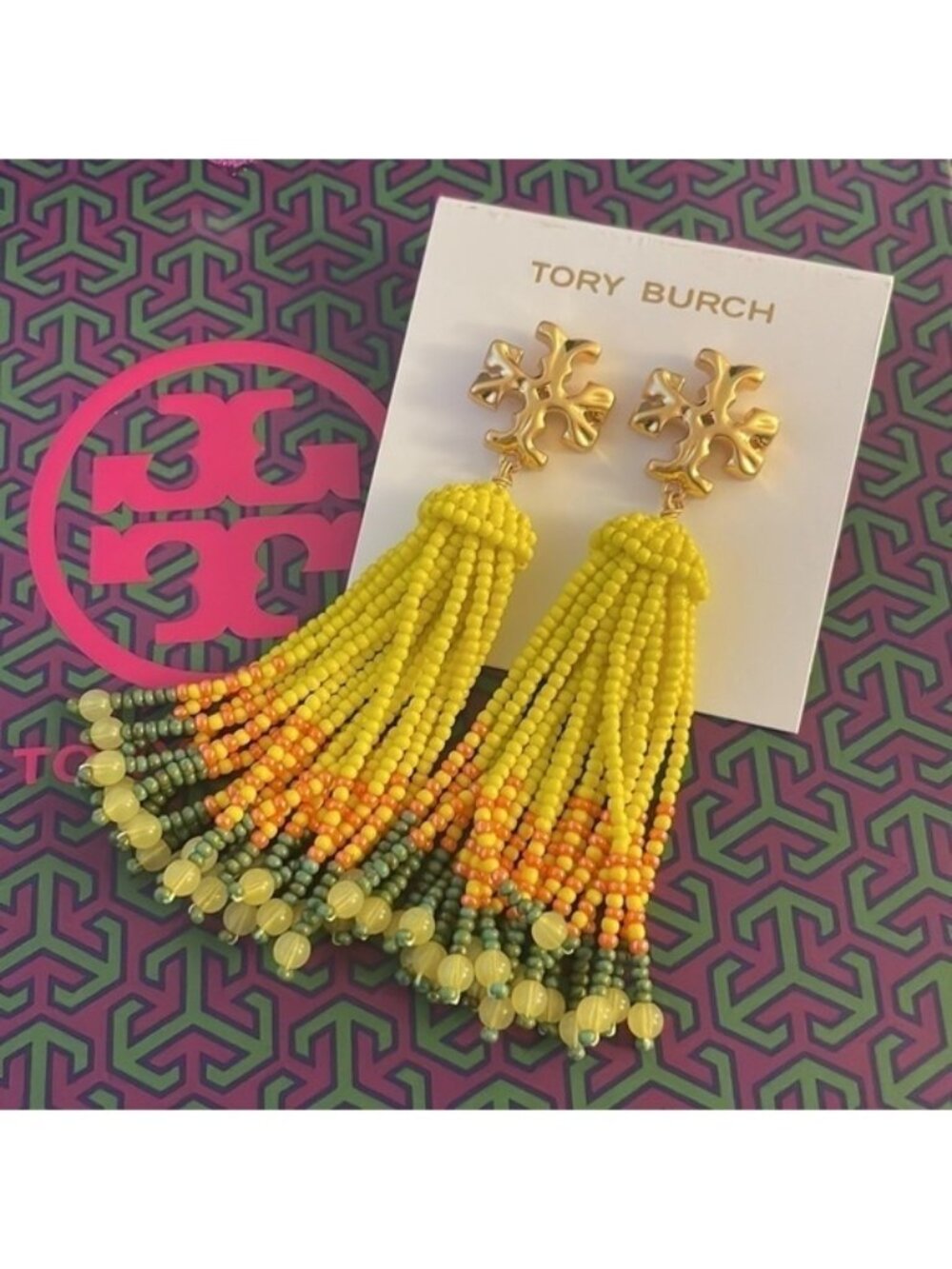 TORY BURCH ROXANNE BEADED TASSEL EARRING GOLD/YELLOW BEADS NEW WITH PACKAGE